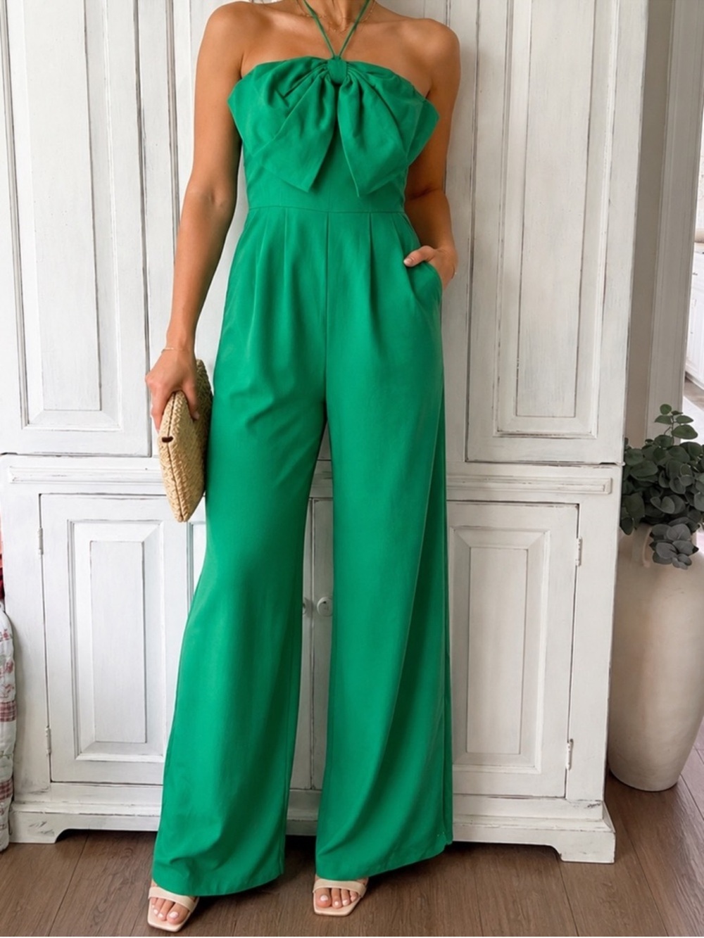 NWT Main Strip Linen Kelly Green Strapless Bow-Front Wide-Leg Statement Jumpsuit
